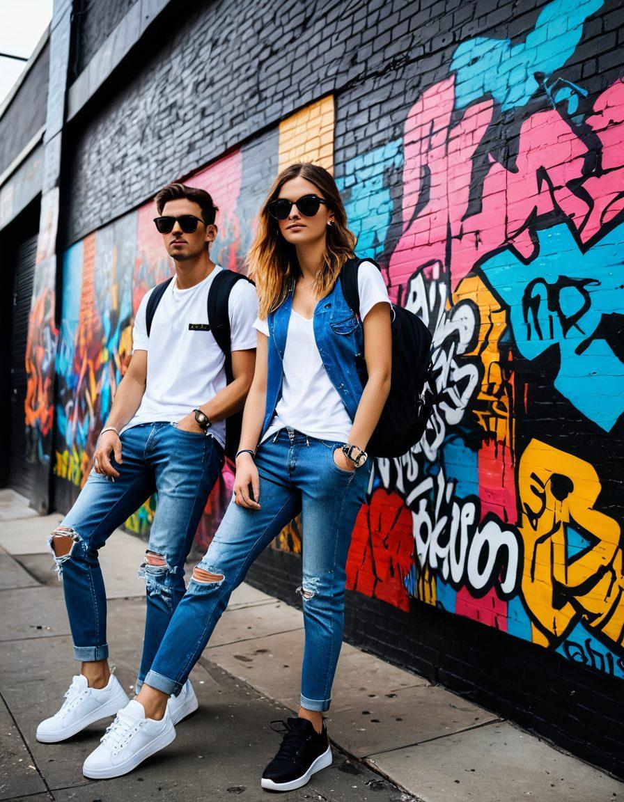 A stylish urban scene featuring a diverse group of fashion-forward individuals showcasing the latest trends, surrounded by vibrant street art and trendy gear. Include accessories like sunglasses, backpacks, and sneakers that highlight the cool factor. The setting should have a lively, energetic atmosphere with elements of music and creativity flowing through. super-realistic. vibrant colors. urban style.