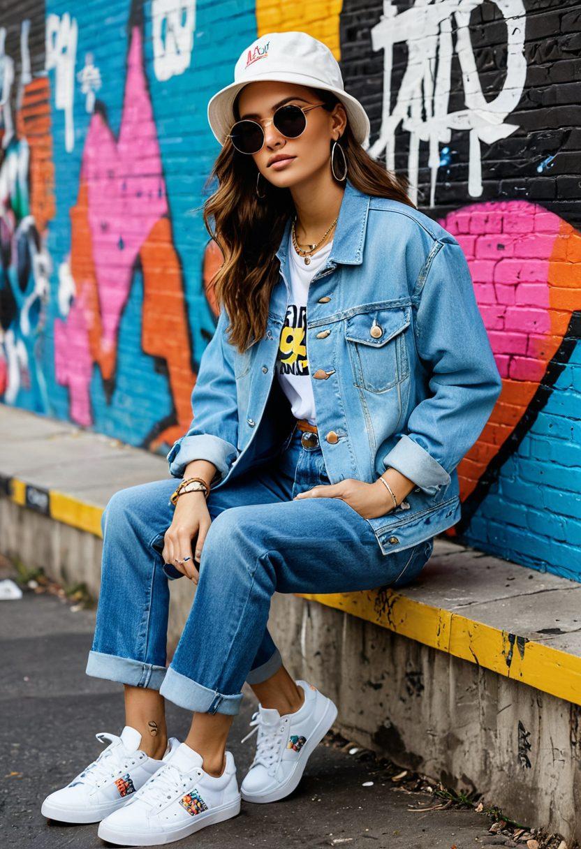 A stylish flat lay of the latest hip attire featuring oversized denim jackets, vibrant graphic tees, and trendy sneakers. Add a pop of color with accessories like bold sunglasses, layered necklaces, and a chic bucket hat. Set against a bright urban backdrop with graffiti art and stylish street elements. The image should convey a sense of fashion-forwardness and youthful energy. super-realistic. vibrant colors. white background.