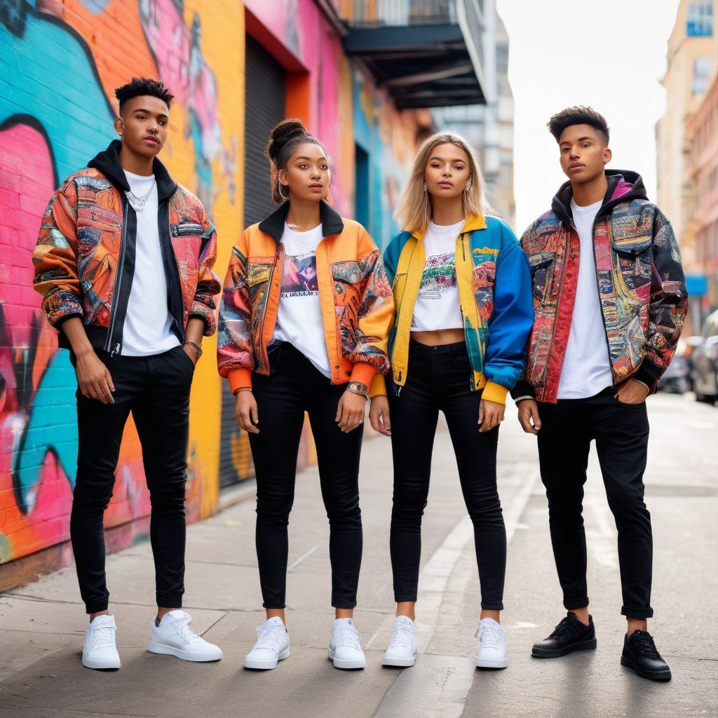 A diverse group of stylish young people showcasing bold urban fashion in a vibrant city setting, featuring oversized jackets, graphic tees, and trendy accessories. The background includes colorful street art and modern architecture, enhancing the dynamic urban vibe. The scene is lively, with individuals engaging in playful poses and interactions. super-realistic. vibrant colors. street art aesthetic.
